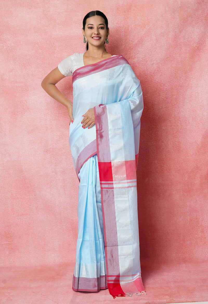 Light Blue Pure Handloom Chettinad Silk Saree-UNM74369