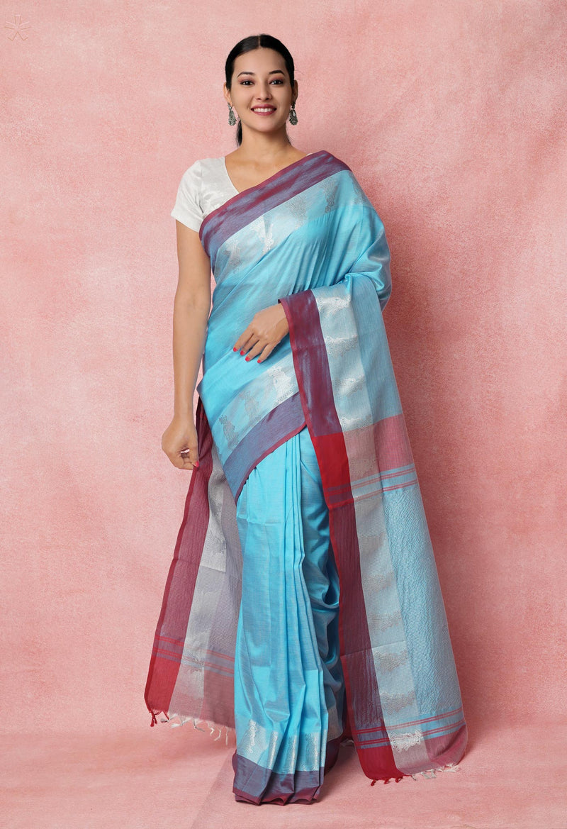 Blue Pure Handloom Chettinad Silk Saree-UNM74373