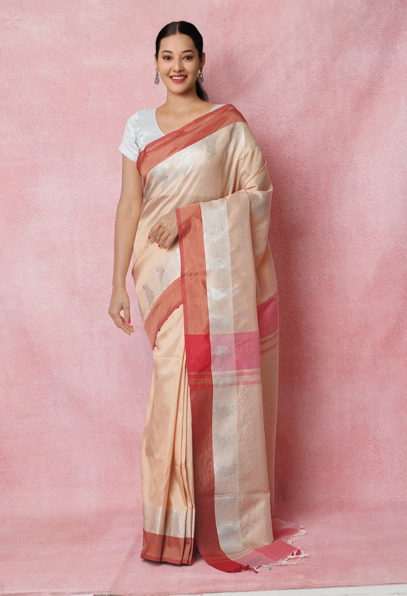 Cream Pure Handloom Chettinad Silk Saree-UNM74374