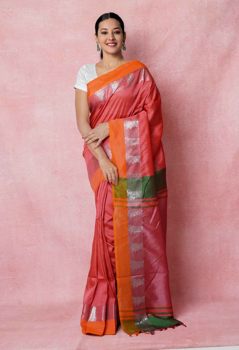 Salmon Pink Pure Handloom Chettinad Silk Saree-UNM74377