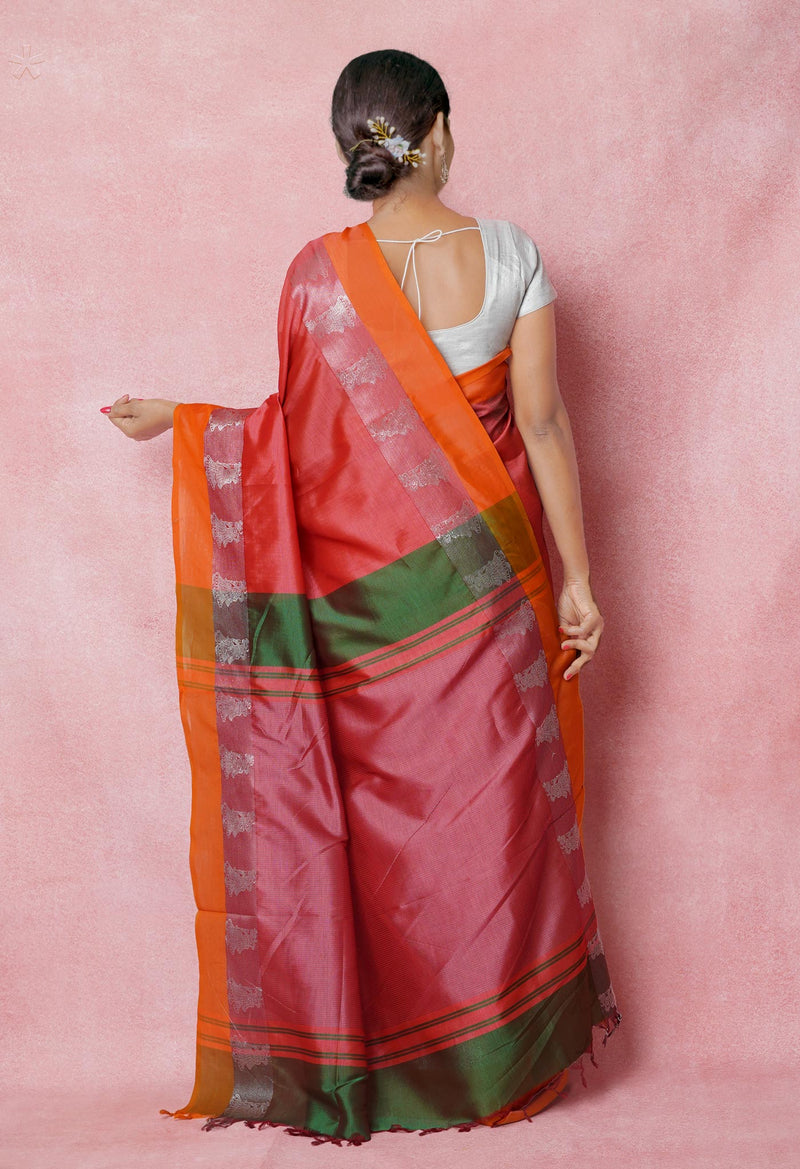Salmon Pink Pure Handloom Chettinad Silk Saree-UNM74377