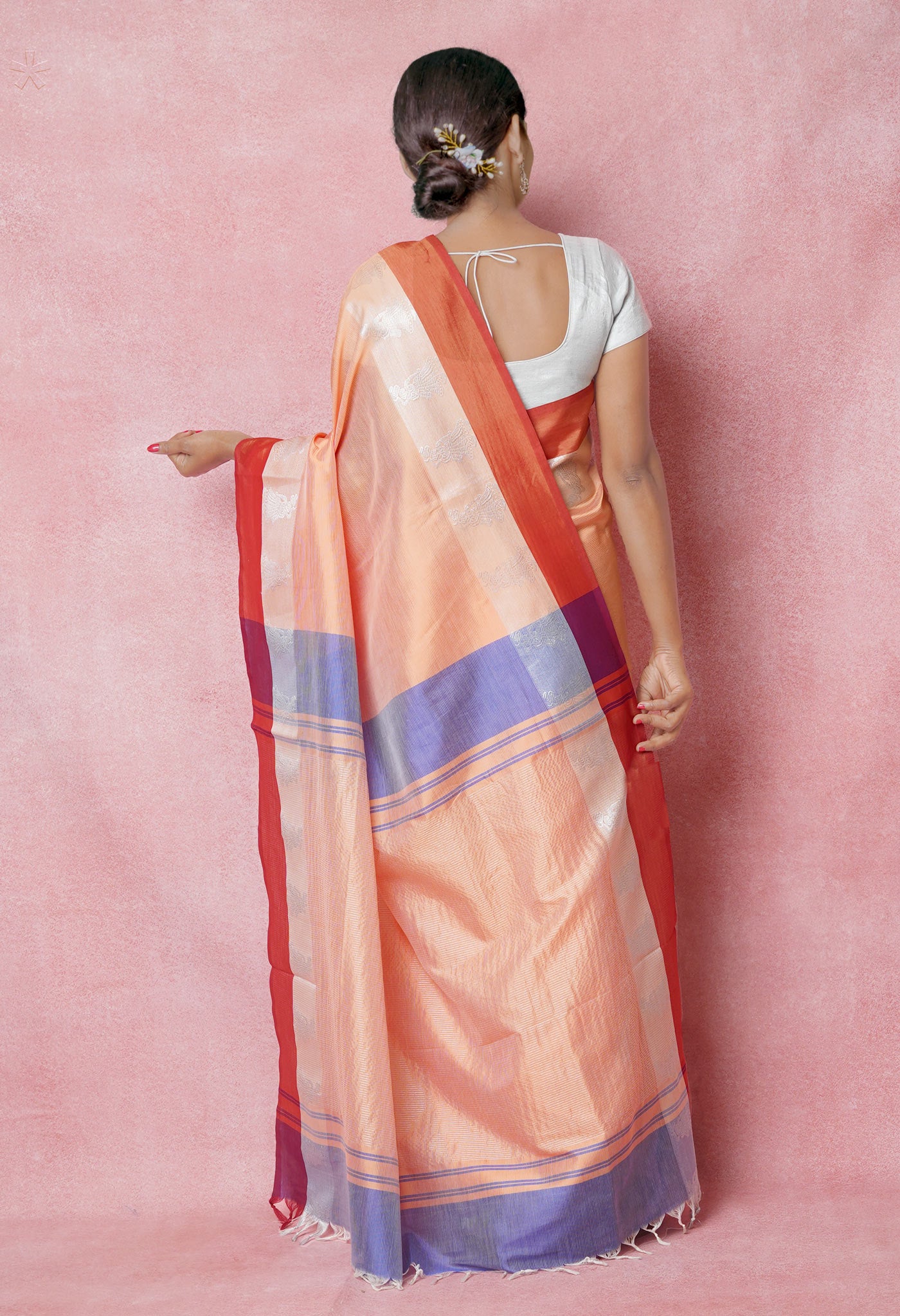 Peach Orange Pure Handloom Chettinad Silk Saree