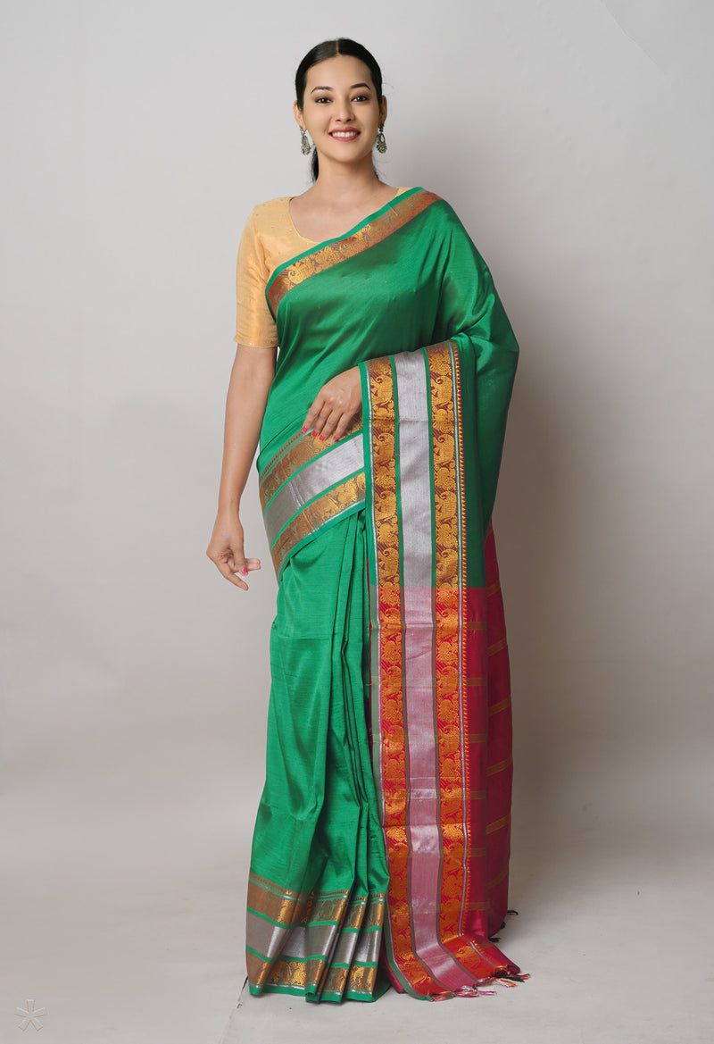 Green Pure Handloom Narayanpet Silk Saree-UNM74384