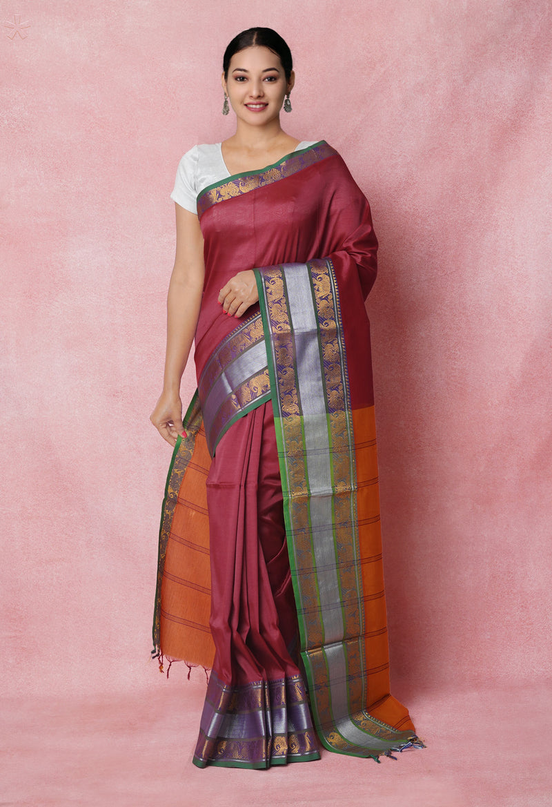Maroon Pure Handloom Narayanpet Silk Saree-UNM74385
