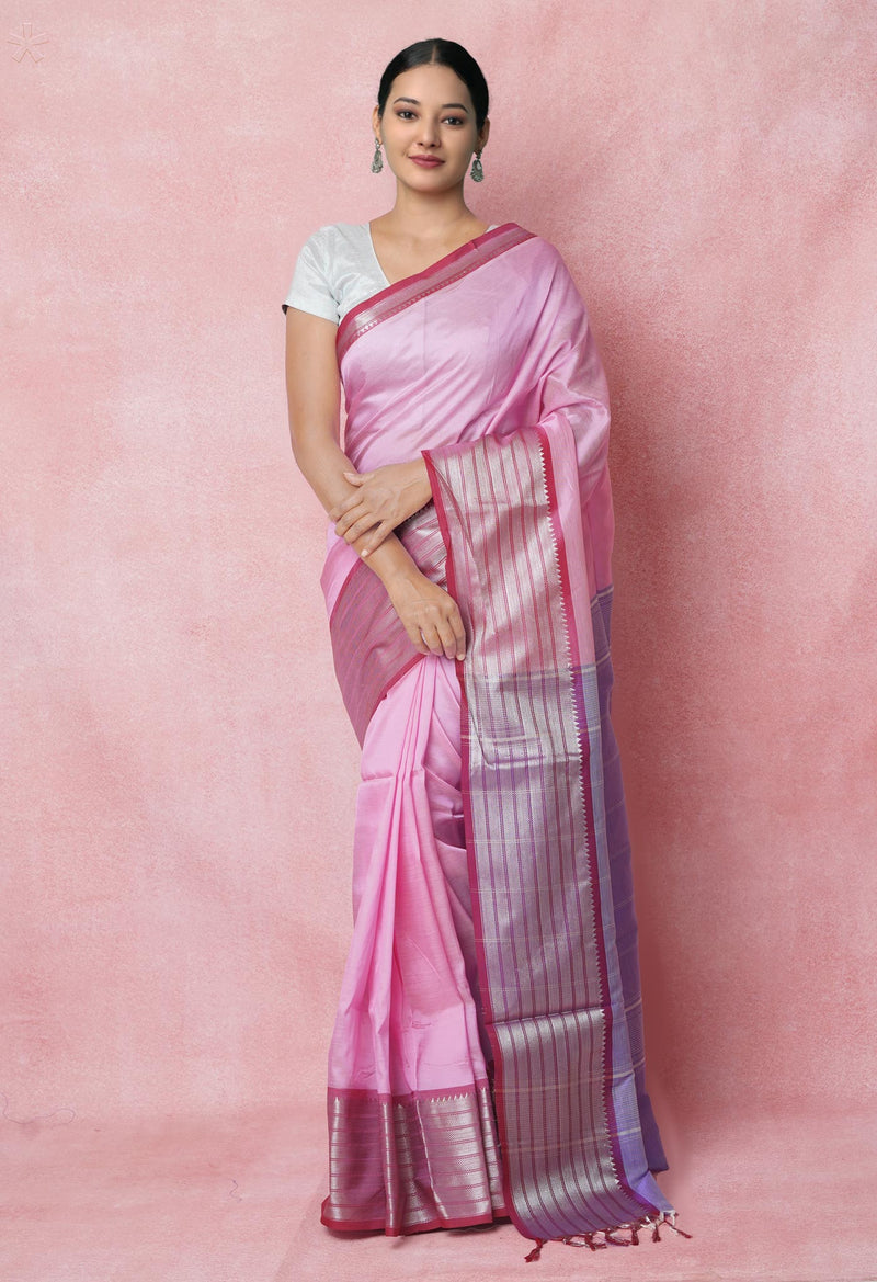 Pink Pure Handloom Mangalgiri Silk Saree-UNM74394