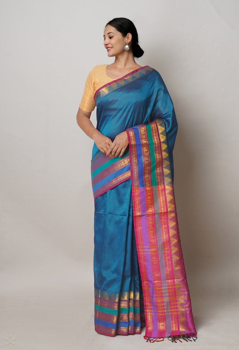 Peacock Green Pure Handloom Narayanpet Silk Saree-UNM74414