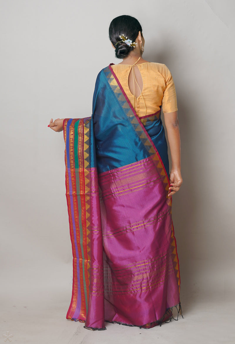 Peacock Green Pure Handloom Narayanpet Silk Saree-UNM74414