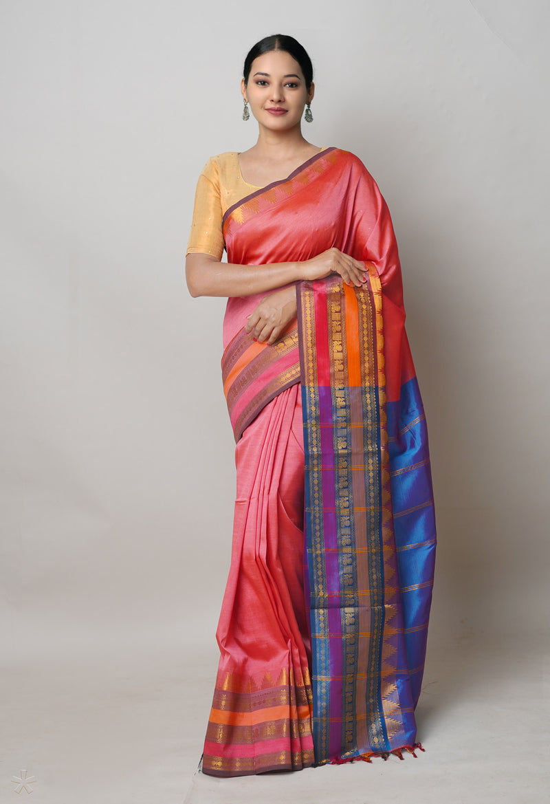 Peach Red Pure Handloom Narayanpet Silk Saree-UNM74417