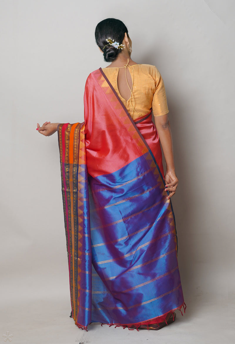 Peach Red Pure Handloom Narayanpet Silk Saree-UNM74417