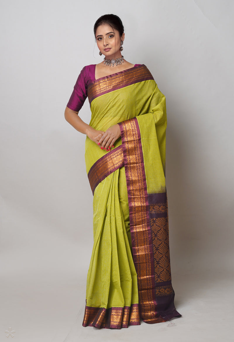Olive Green Pure Handloom Gadwal Cotton Saree-UNM74428