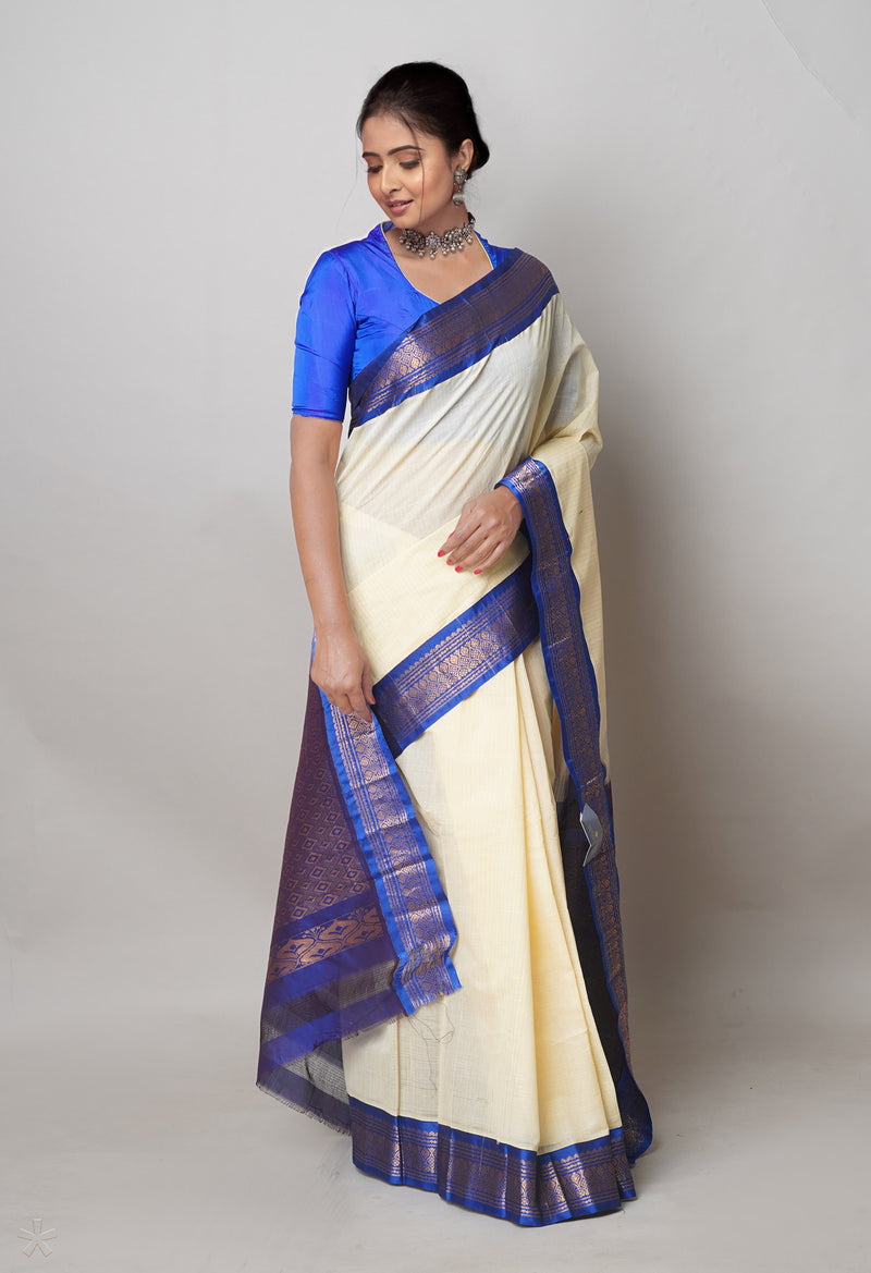 Off White Pure Handloom Gadwal Cotton Saree-UNM74429