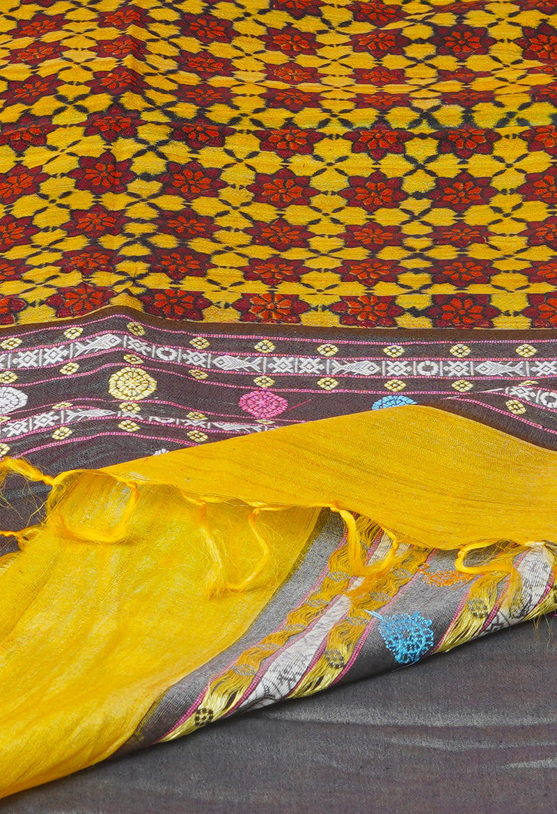 Yellow Pure Handloom Hand Block Printed Vidarbha Tussar Silk Saree-UNM74455