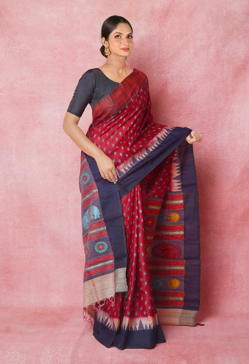 Maroon Pure Handloom Hand Block Printed Vidarbha Tussar Silk Saree-UNM74456
