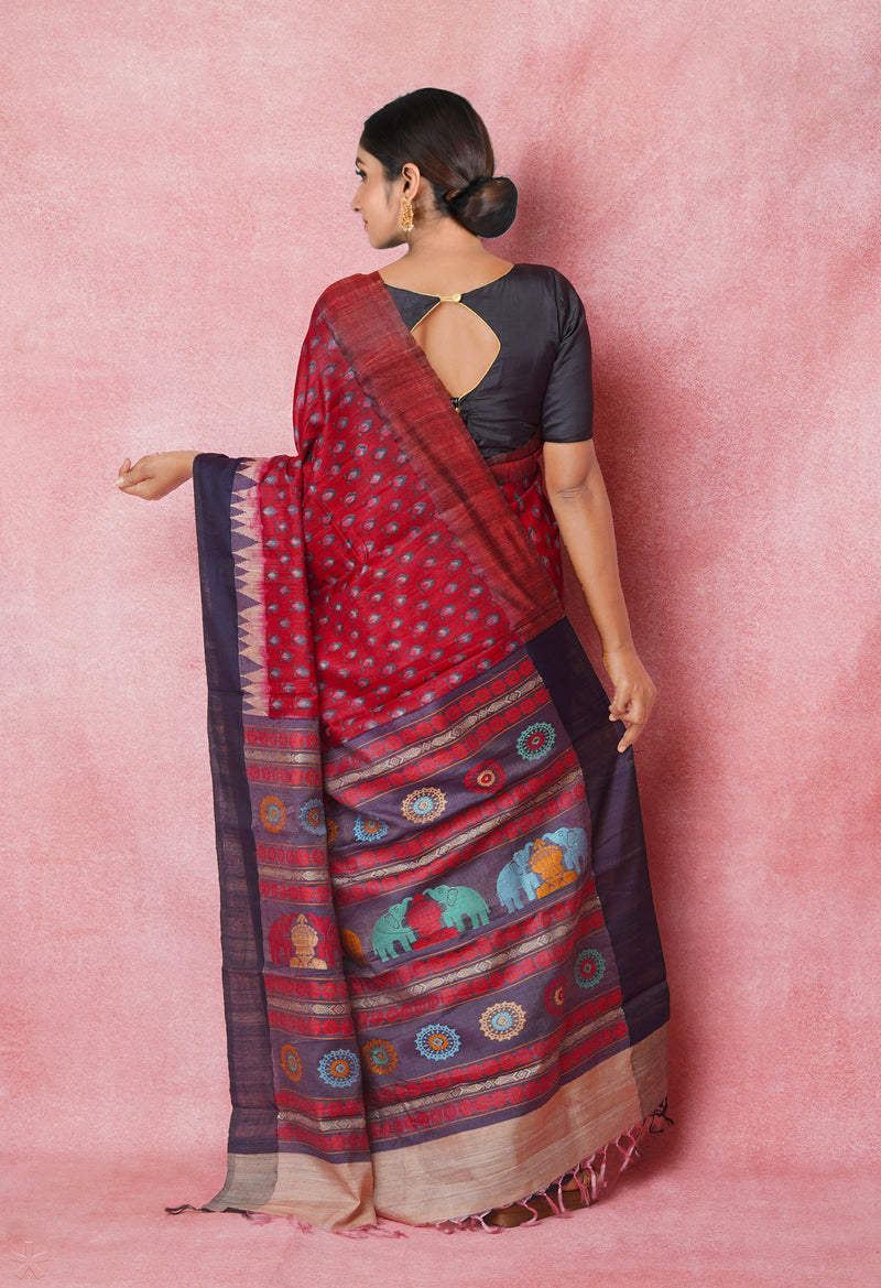 Maroon Pure Handloom Hand Block Printed Vidarbha Tussar Silk Saree-UNM74456