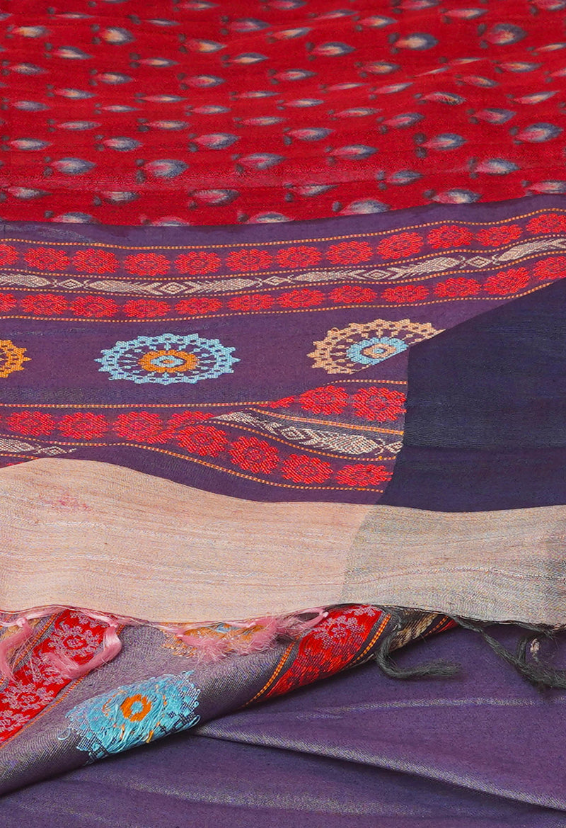 Maroon Pure Handloom Hand Block Printed Vidarbha Tussar Silk Saree-UNM74456