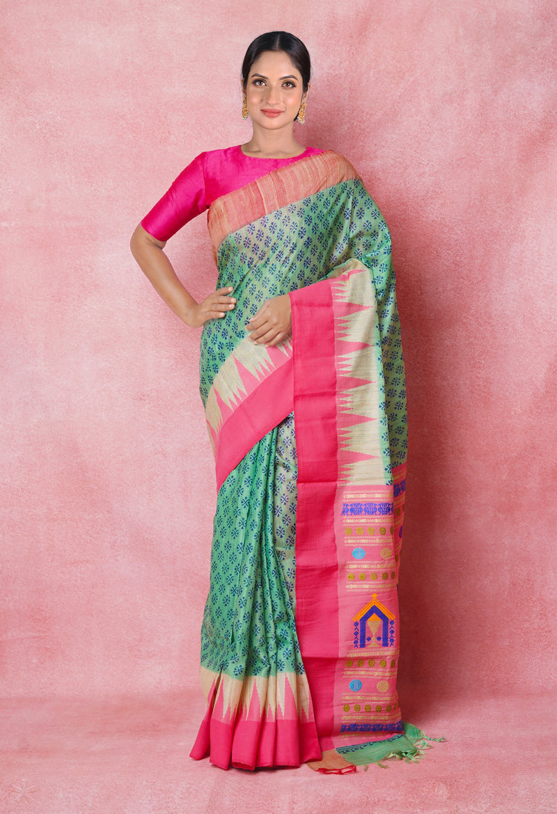 Pale Green Pure Handloom Hand Block Printed Vidarbha Tussar Silk Saree-UNM74458