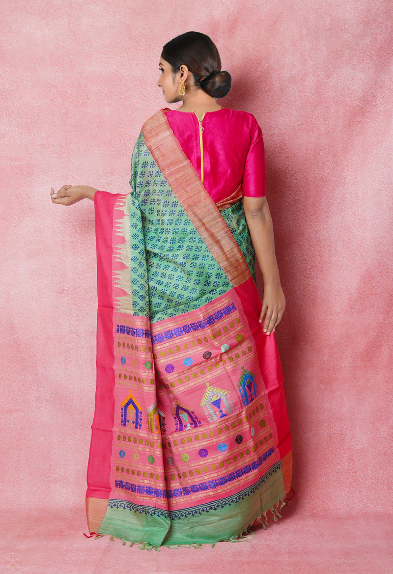 Pale Green Pure Handloom Hand Block Printed Vidarbha Tussar Silk Saree-UNM74458