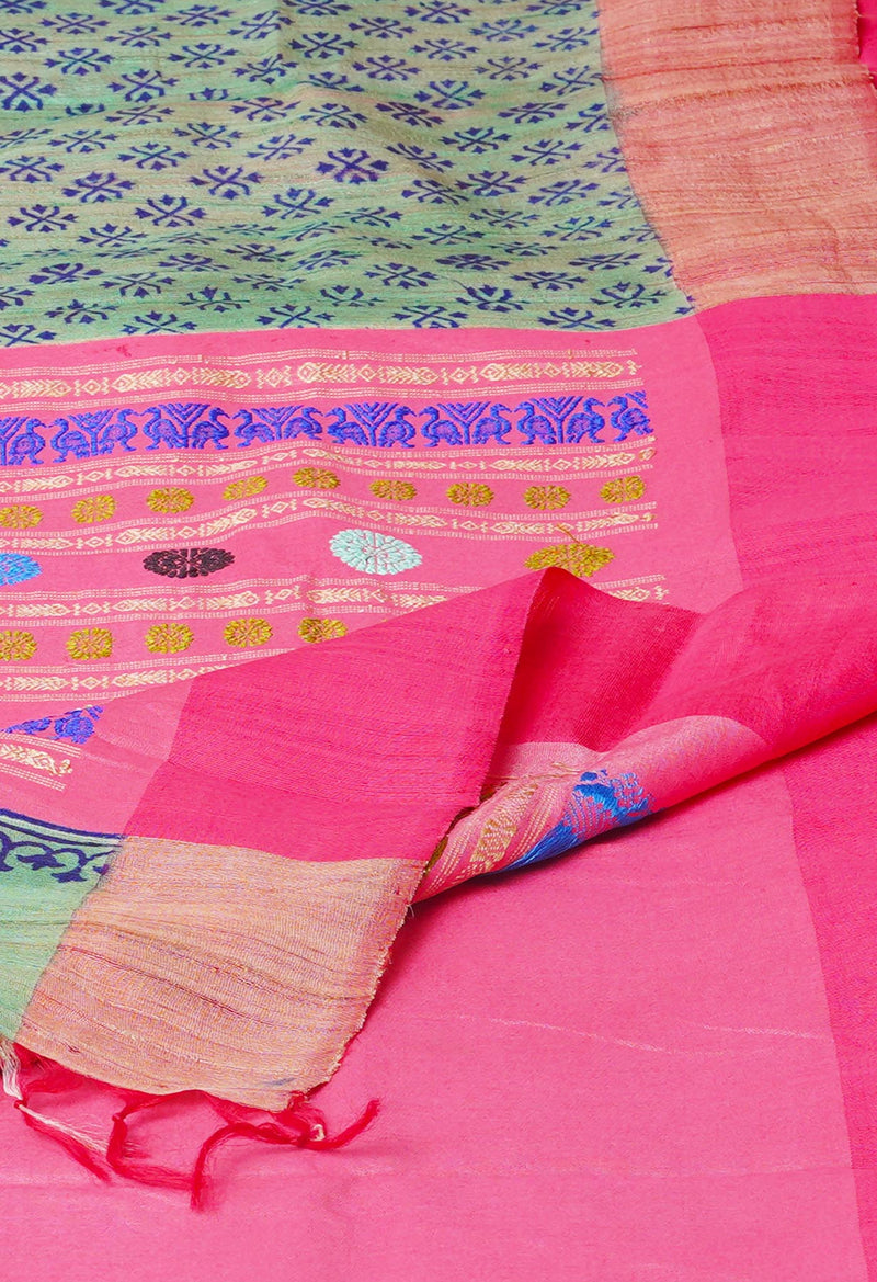 Pale Green Pure Handloom Hand Block Printed Vidarbha Tussar Silk Saree-UNM74458