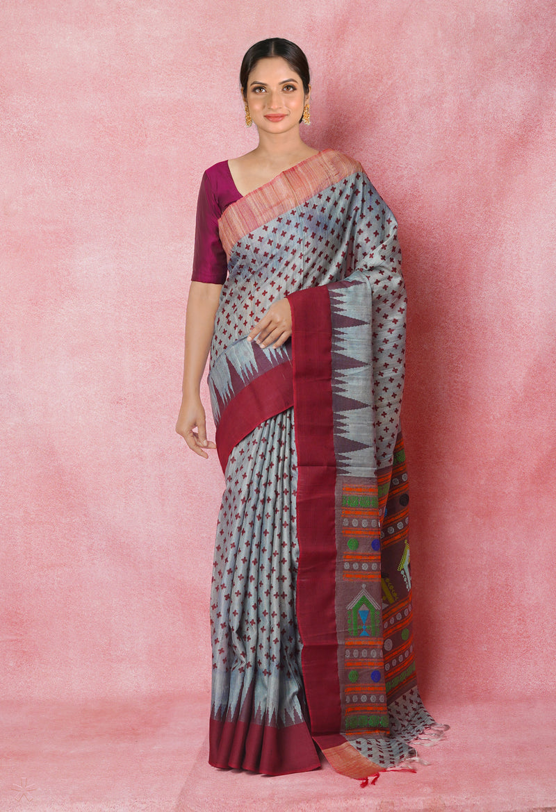 Grey Pure Handloom Hand Block Printed Vidarbha Tussar Silk Saree-UNM74460