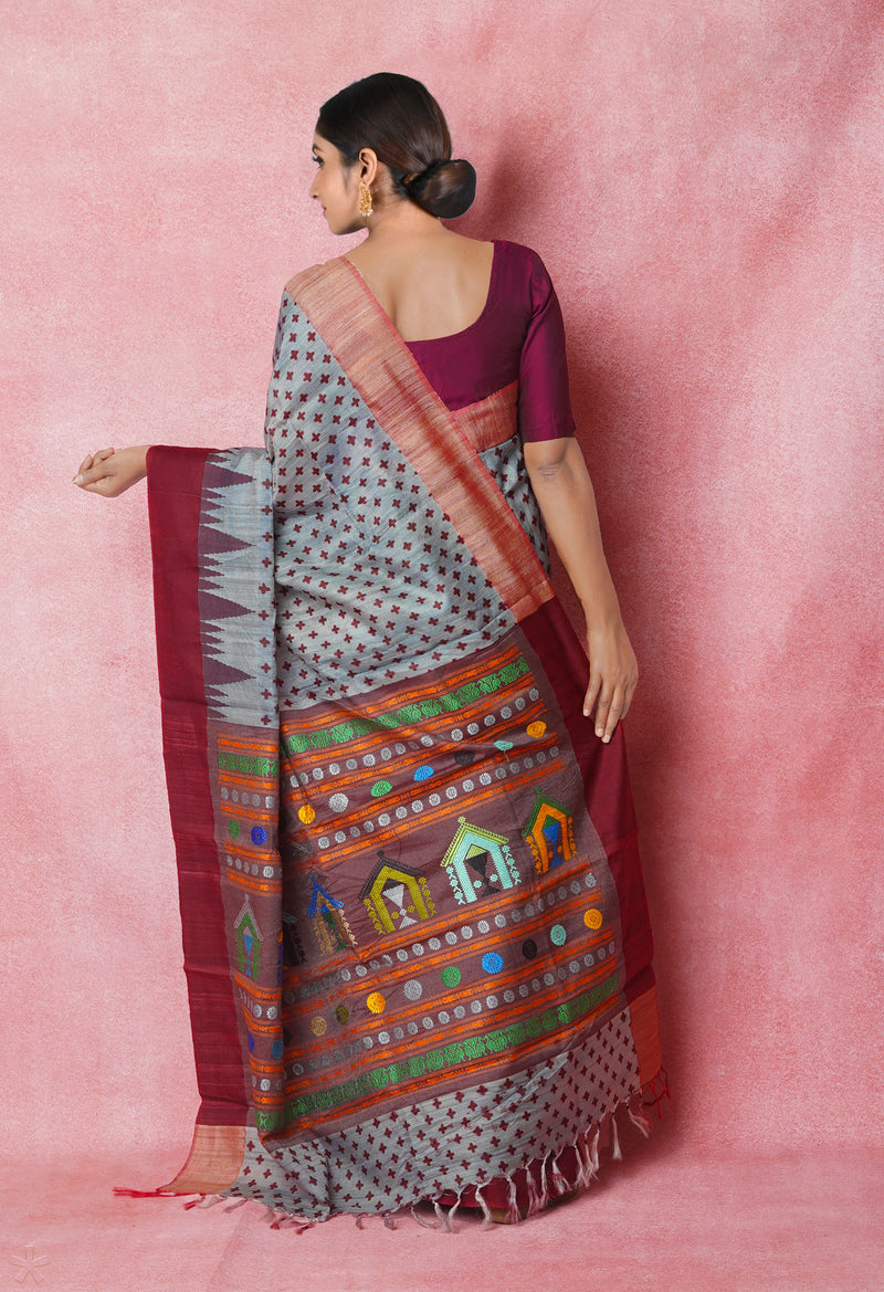 Grey Pure Handloom Hand Block Printed Vidarbha Tussar Silk Saree-UNM74460