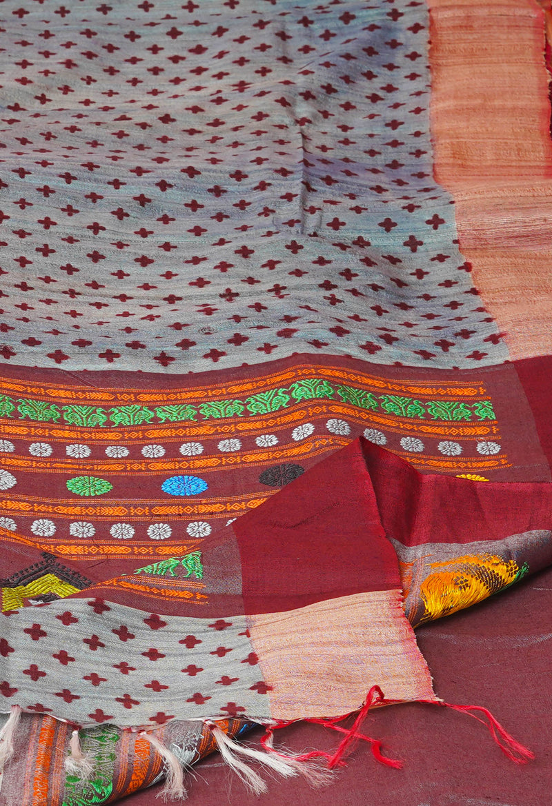 Grey Pure Handloom Hand Block Printed Vidarbha Tussar Silk Saree-UNM74460