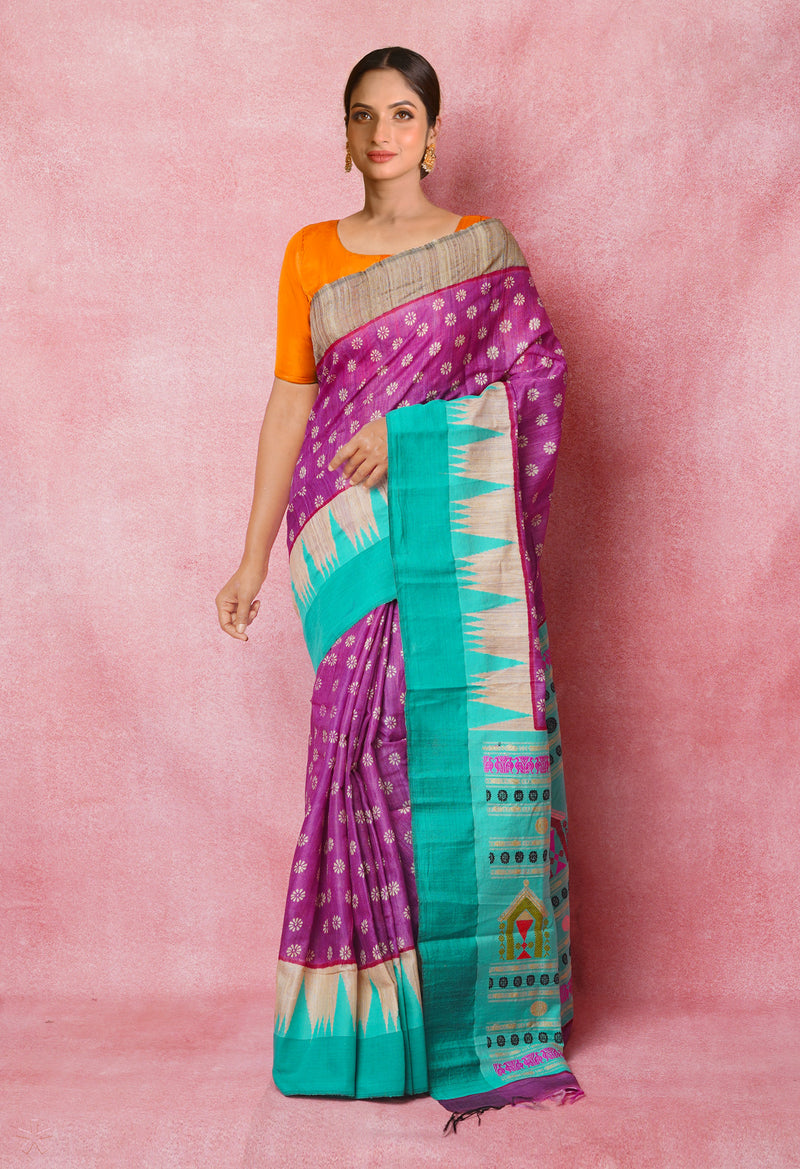 Purple Pure Handloom Hand Block Printed Vidarbha Tussar Silk Saree-UNM74461