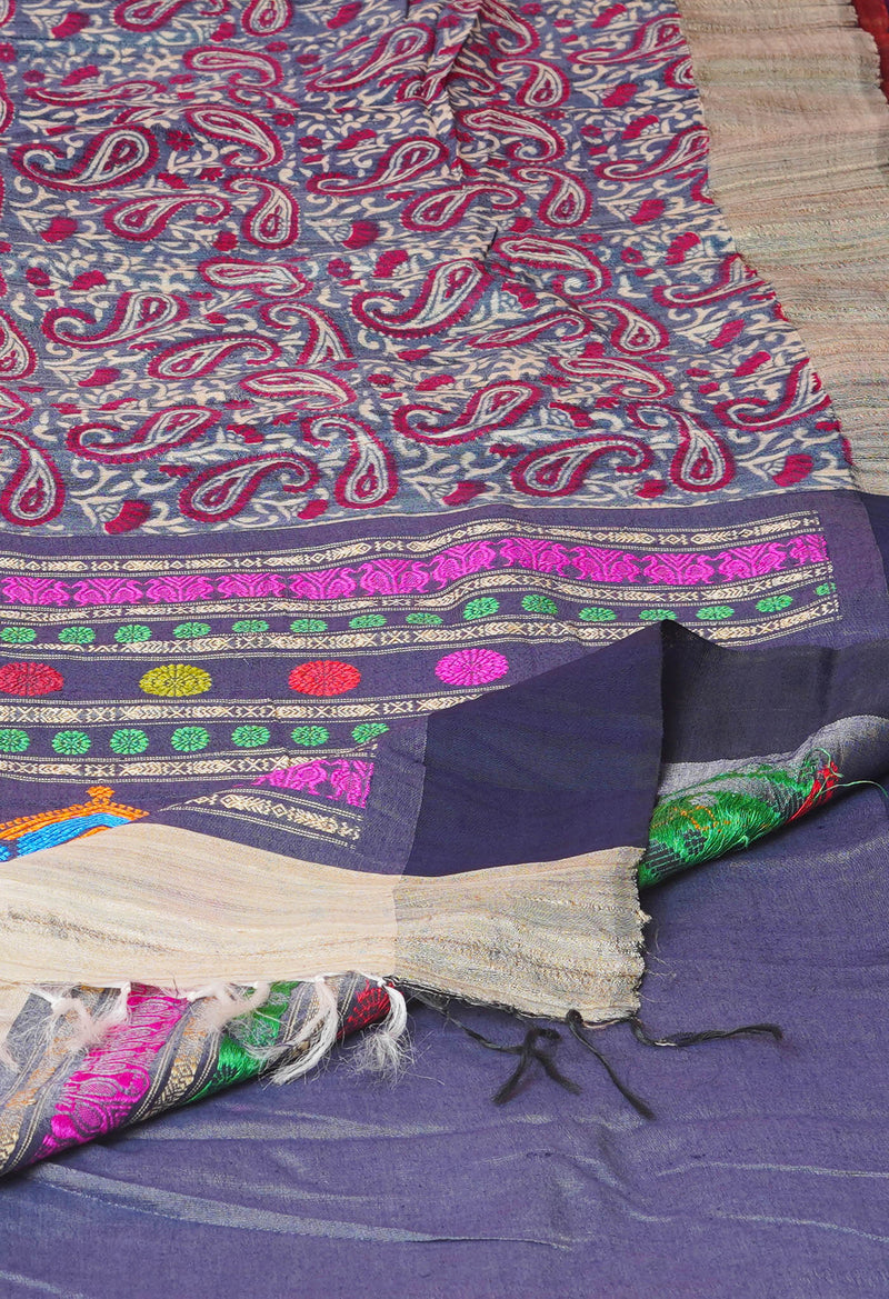 Bluish Grey Pure Handloom Hand Block Printed Vidarbha Tussar Silk Saree-UNM74462