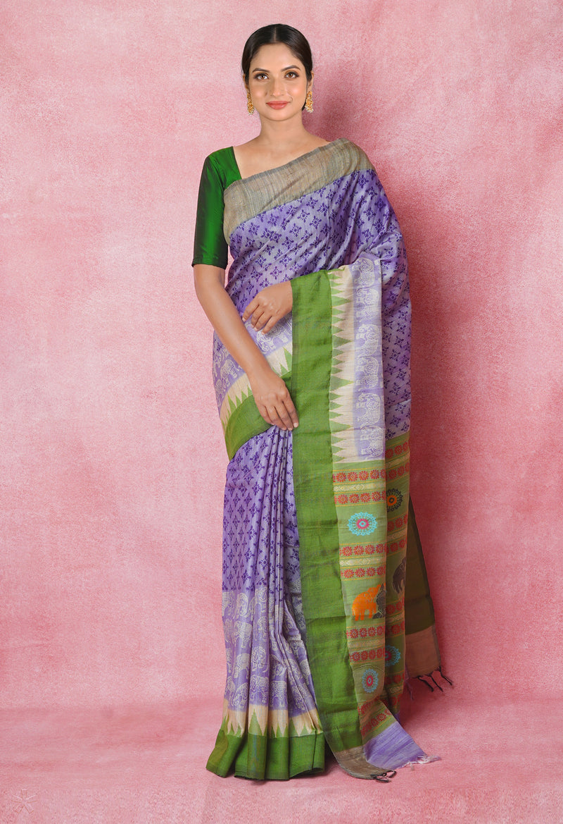Light Lavender Purple Pure Handloom Hand Block Printed Vidarbha Tussar Silk Saree-UNM74463