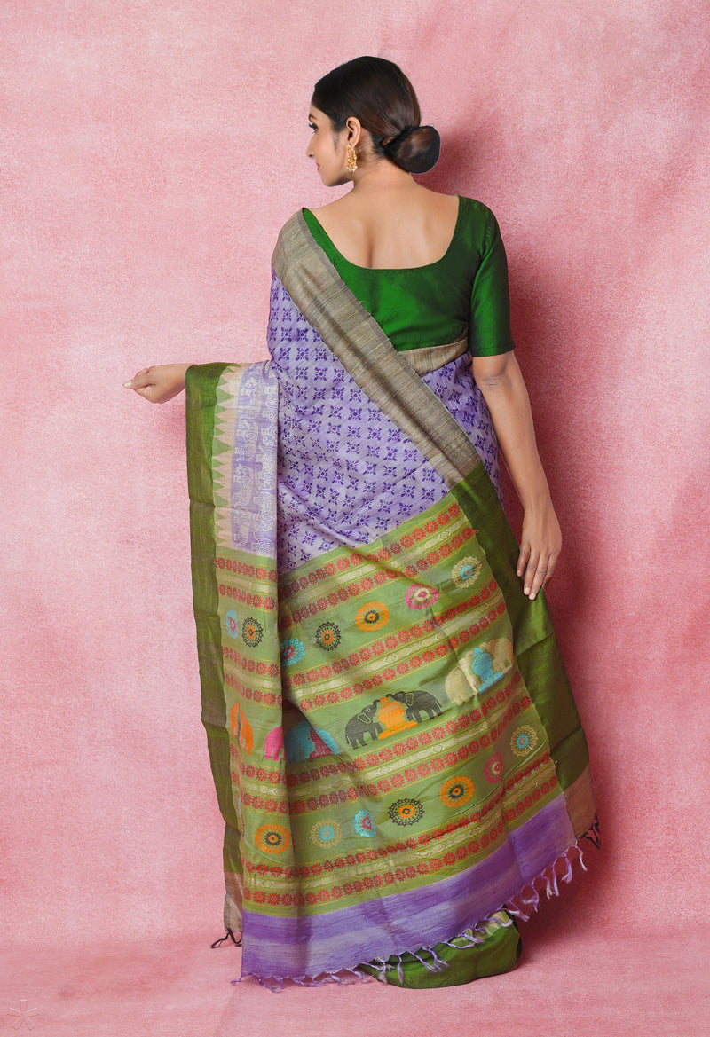 Light Lavender Purple Pure Handloom Hand Block Printed Vidarbha Tussar Silk Saree-UNM74463