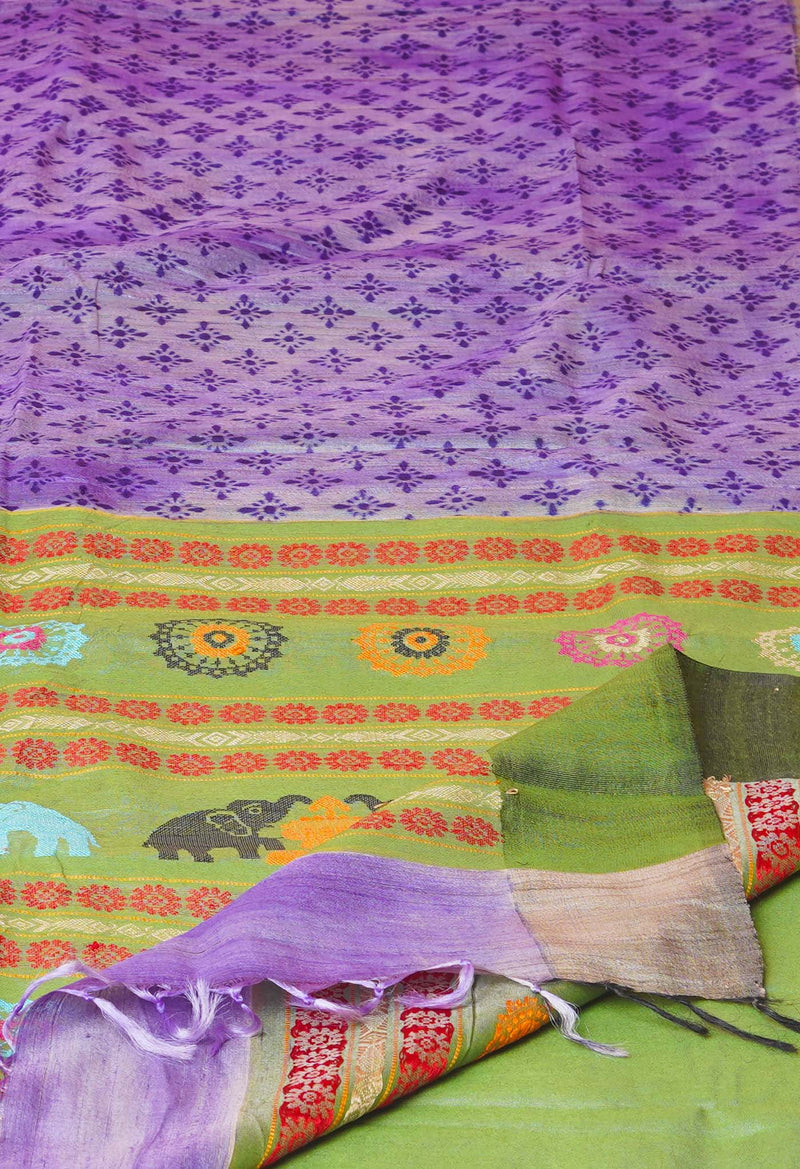 Light Lavender Purple Pure Handloom Hand Block Printed Vidarbha Tussar Silk Saree-UNM74463
