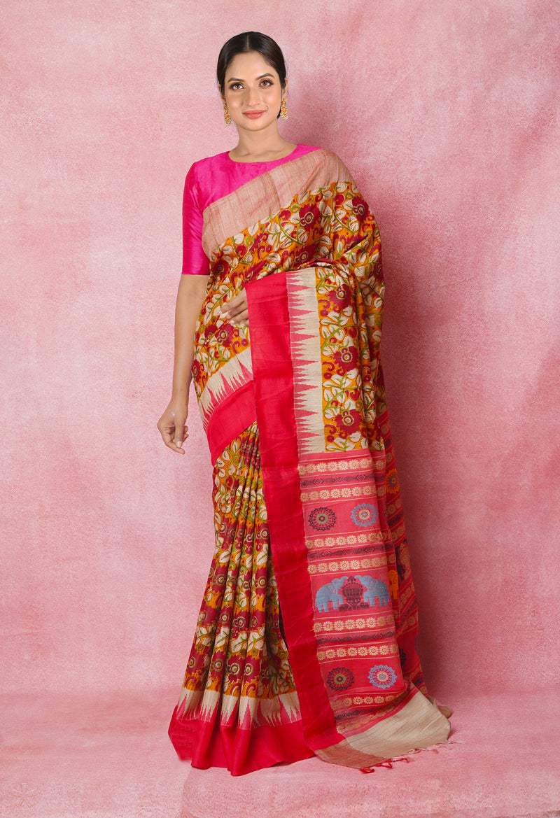 Mustard Yellow Pure Handloom Hand Block Printed Vidarbha Tussar Silk Saree-UNM74464