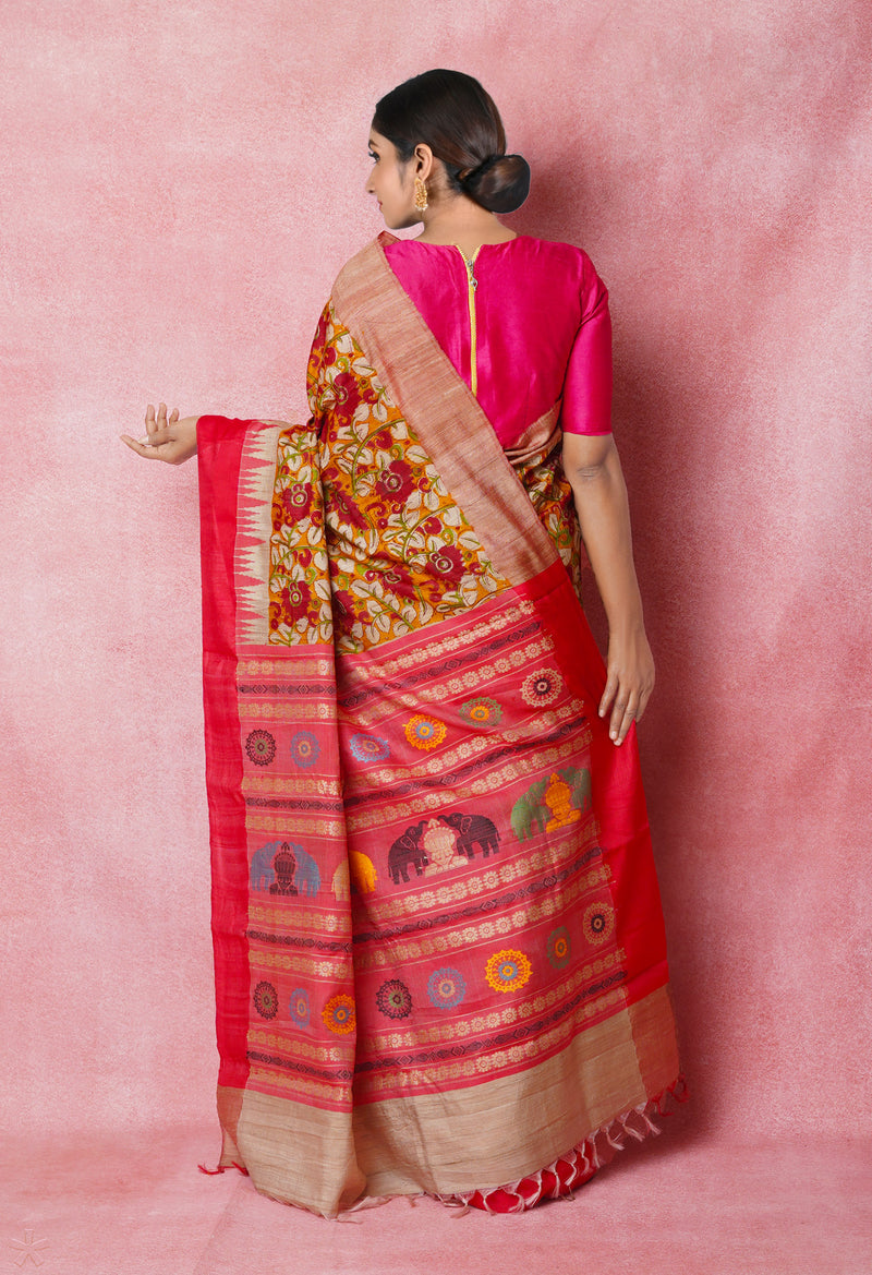 Mustard Yellow Pure Handloom Hand Block Printed Vidarbha Tussar Silk Saree-UNM74464