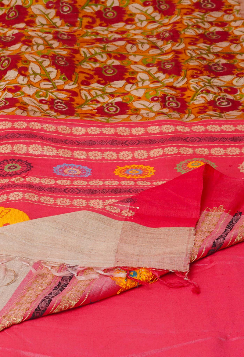 Mustard Yellow Pure Handloom Hand Block Printed Vidarbha Tussar Silk Saree-UNM74464