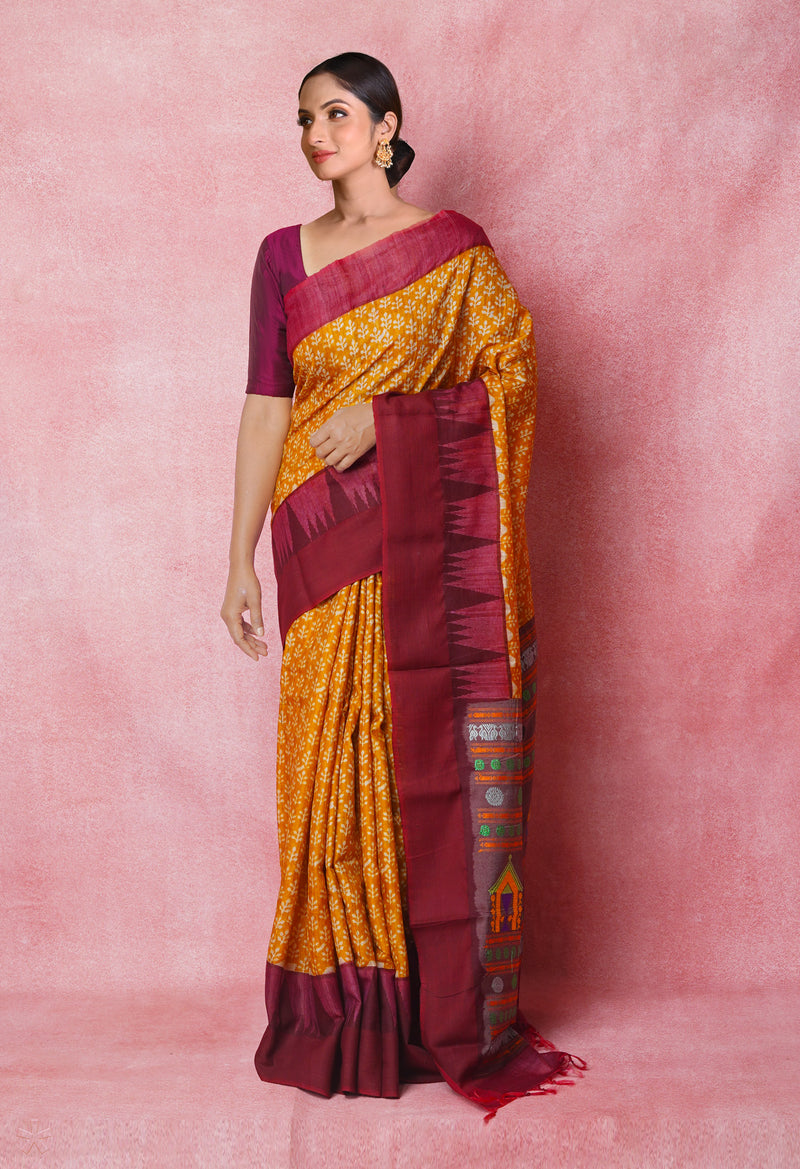 Mustard Yellow Pure Handloom Hand Block Printed Vidarbha Tussar Silk Saree-UNM74465
