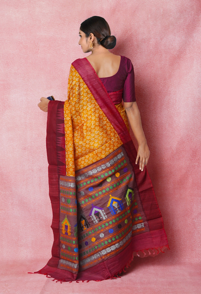 Mustard Yellow Pure Handloom Hand Block Printed Vidarbha Tussar Silk Saree-UNM74465