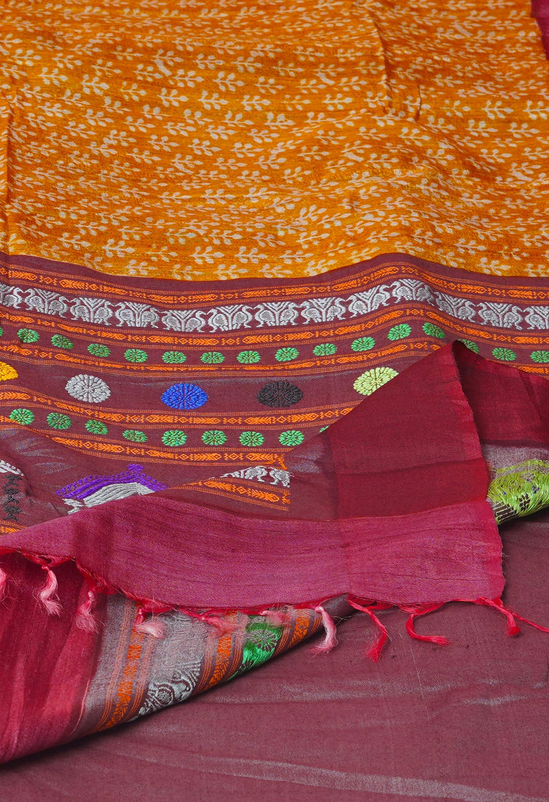 Mustard Yellow Pure Handloom Hand Block Printed Vidarbha Tussar Silk Saree-UNM74465