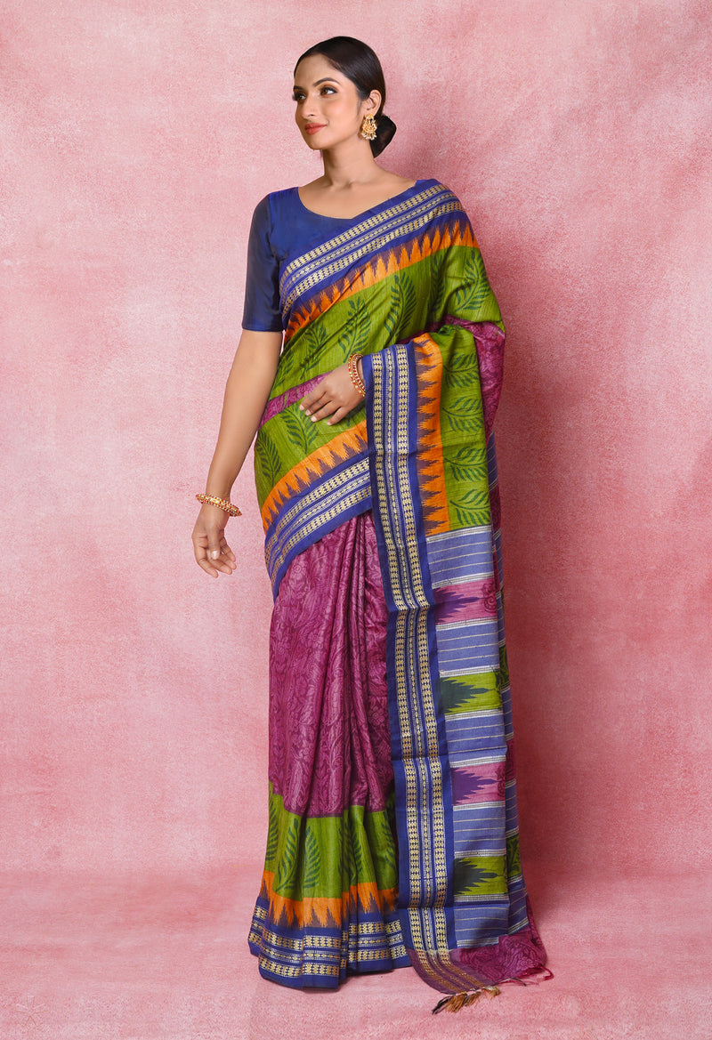 Burgundy Pure Handloom Hand Block Printed Vidarbha Tussar Silk Saree-UNM74466