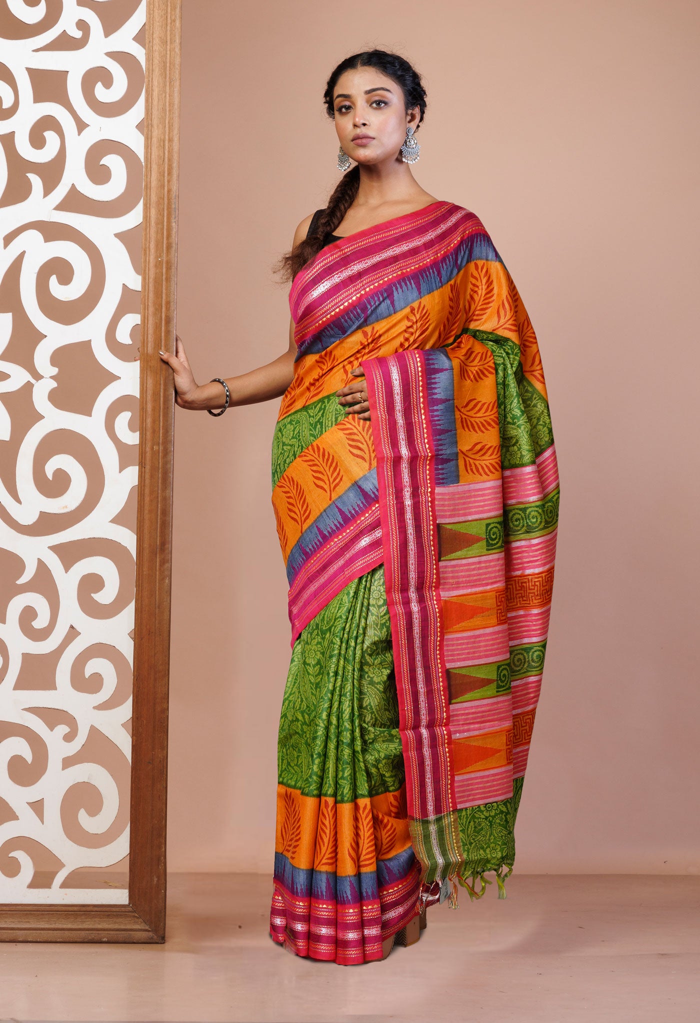 Green Pure Handloom Hand Block Printed Vidarbha Tussar Silk Saree-UNM74468