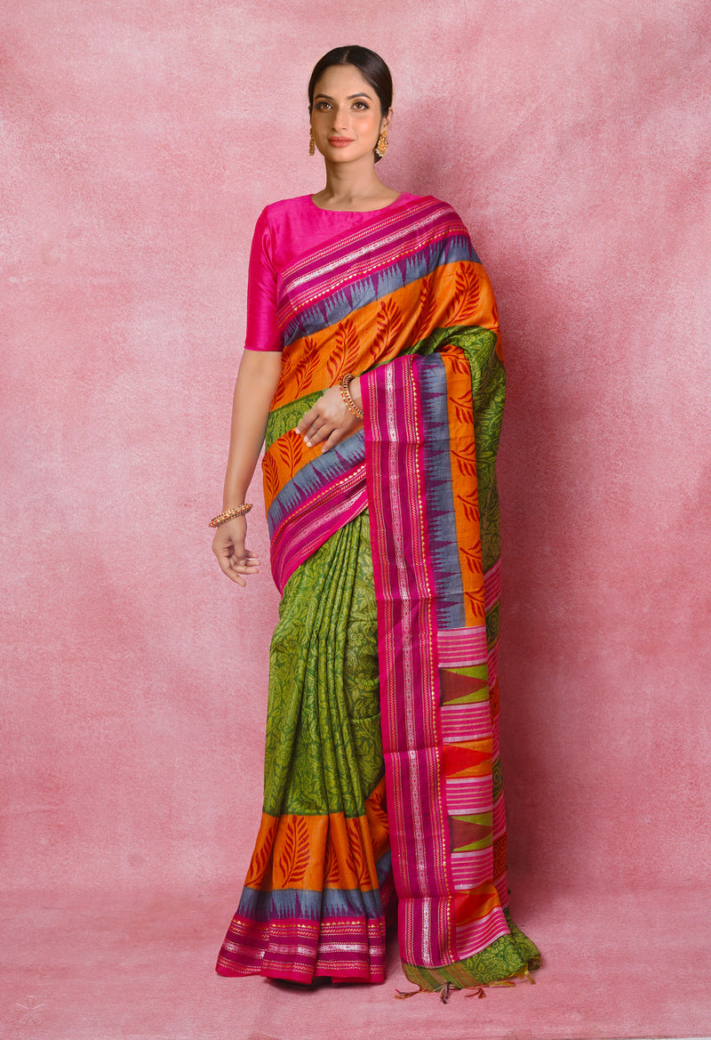 Green Pure Handloom Hand Block Printed Vidarbha Tussar Silk Saree-UNM74468