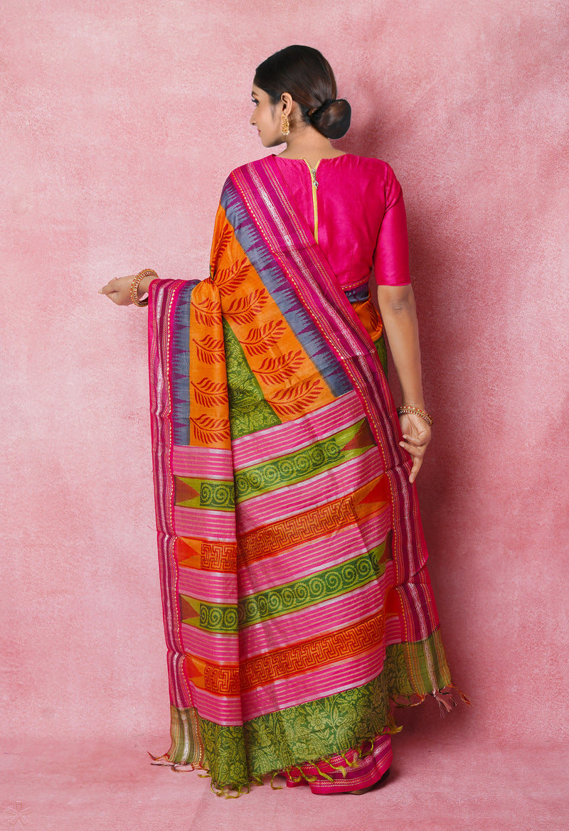 Green Pure Handloom Hand Block Printed Vidarbha Tussar Silk Saree-UNM74468