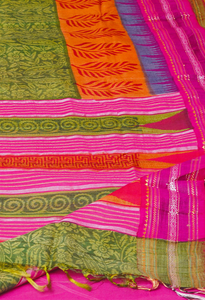 Green Pure Handloom Hand Block Printed Vidarbha Tussar Silk Saree-UNM74468