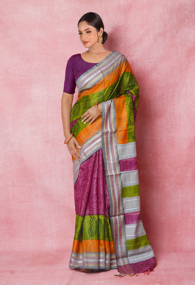 Burgundy Pure Handloom Hand Block Printed Vidarbha Tussar Silk Saree-UNM74469