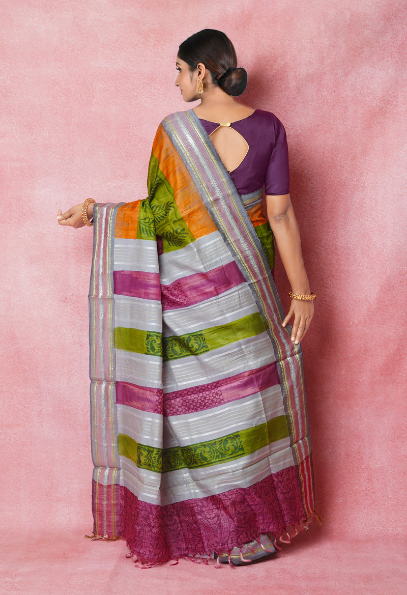 Burgundy Pure Handloom Hand Block Printed Vidarbha Tussar Silk Saree-UNM74469
