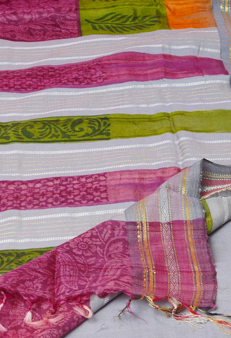 Burgundy Pure Handloom Hand Block Printed Vidarbha Tussar Silk Saree-UNM74469