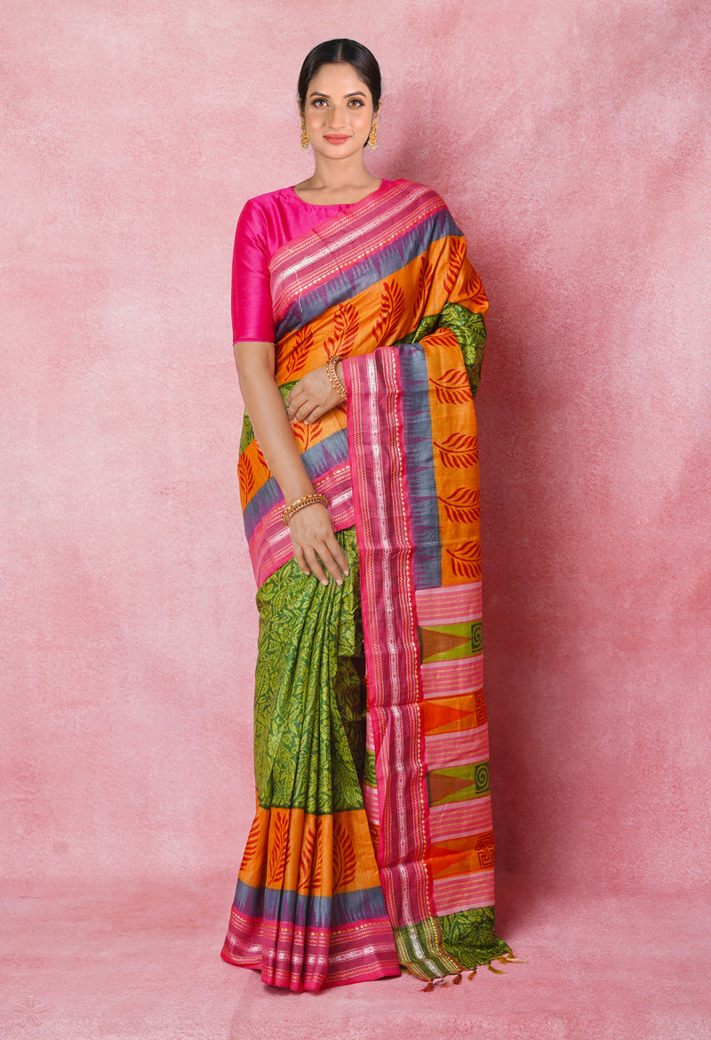 Green Pure Handloom Hand Block Printed Vidarbha Tussar Silk Saree-UNM74470