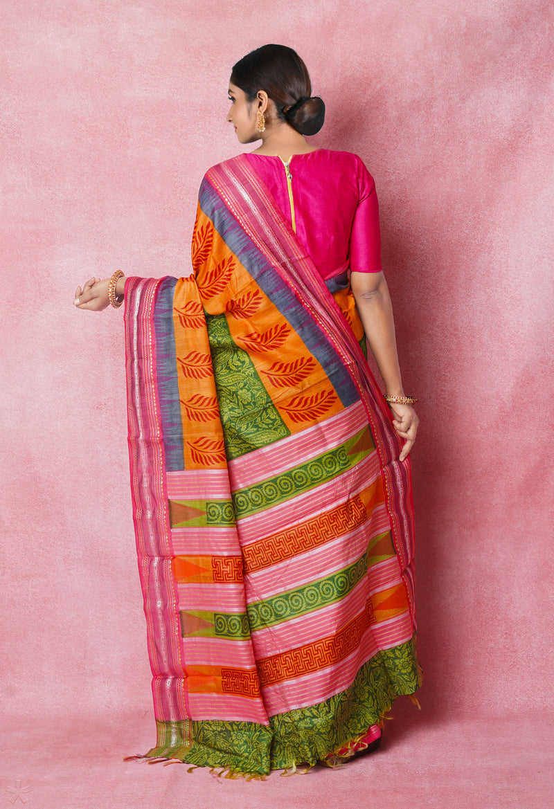 Green Pure Handloom Hand Block Printed Vidarbha Tussar Silk Saree-UNM74470