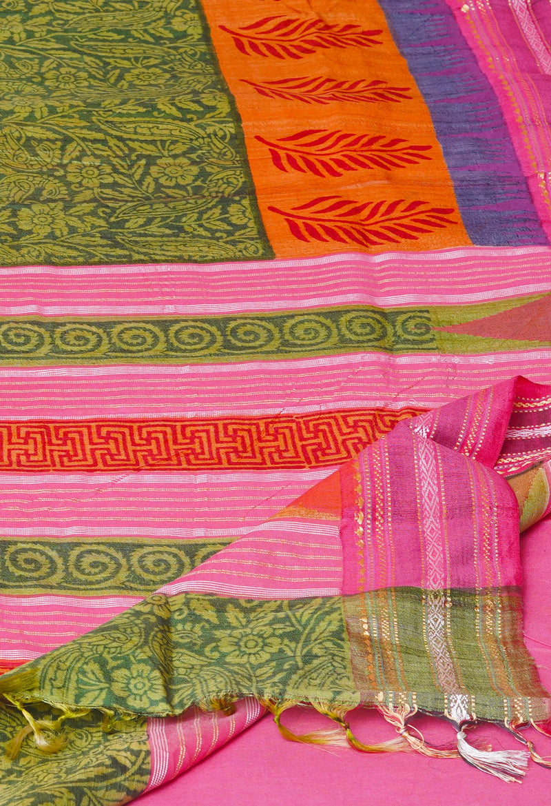 Green Pure Handloom Hand Block Printed Vidarbha Tussar Silk Saree-UNM74470