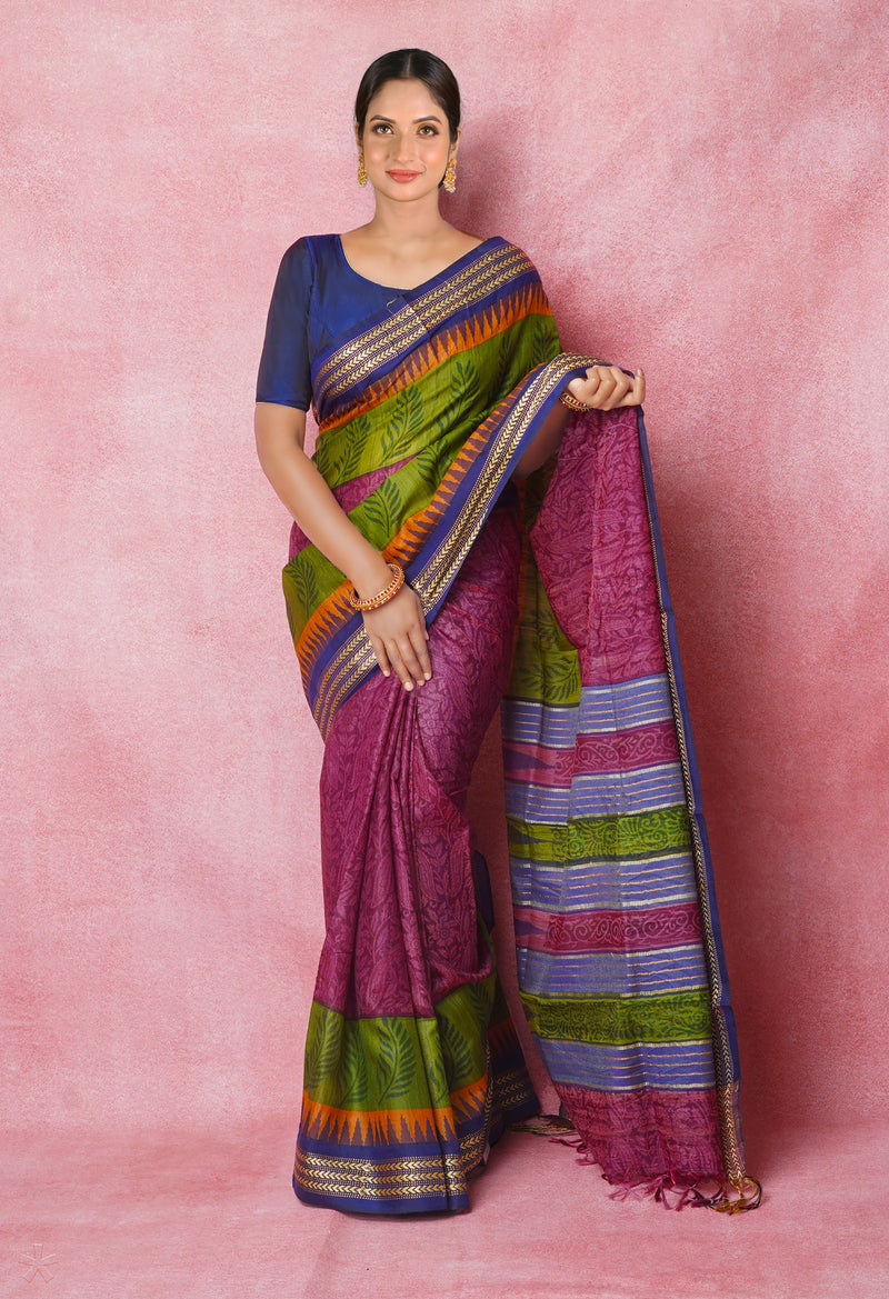 Burgundy Pure Handloom Hand Block Printed Vidarbha Tussar Silk Saree-UNM74471
