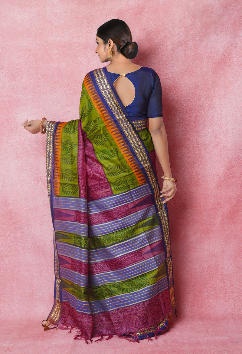 Burgundy Pure Handloom Hand Block Printed Vidarbha Tussar Silk Saree-UNM74471