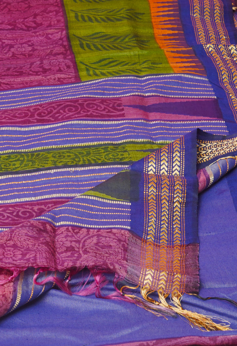 Burgundy Pure Handloom Hand Block Printed Vidarbha Tussar Silk Saree-UNM74471